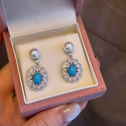 Elegant Oval Zirconia Blue Turquoise Pearl Earrings